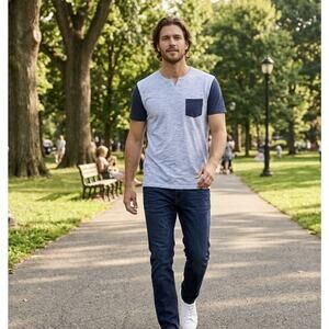 MBX Denim Wear Mens Medium Light Blue Heather Pocket T Shirt Navy Sleeves